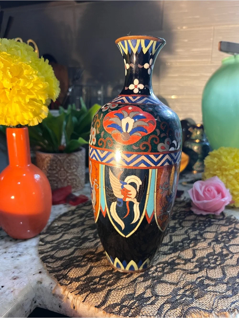 Antique Black Green Orange Cloisonné Vase no flaws